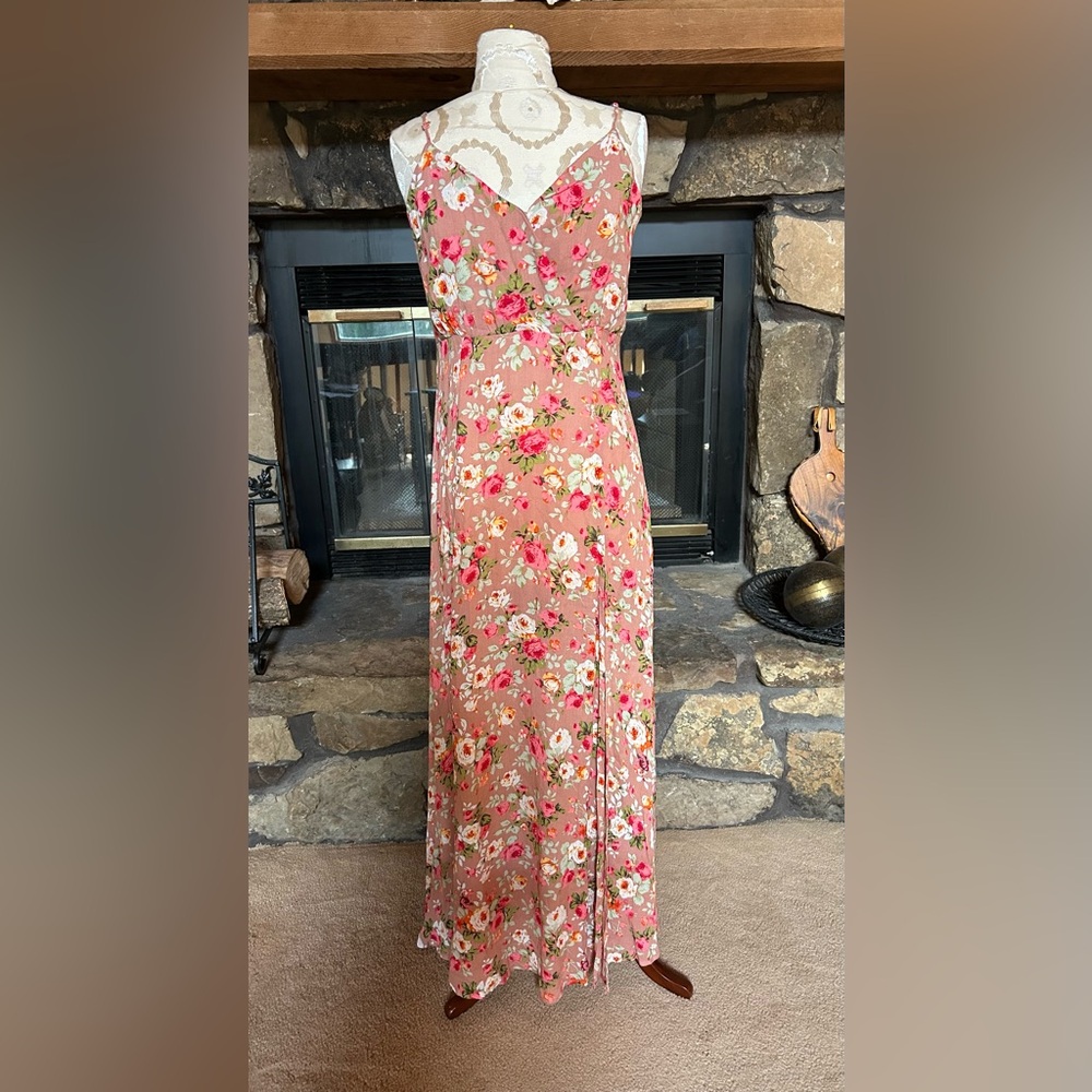 Lulus Floral Maxi Dress Pink Rose Print Spaghetti Strap Slit Size M
